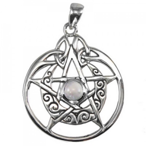 Sterling Silver Crescent Moon Pentacle Circle with White Moonstone