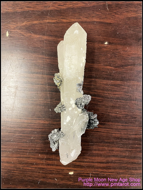 Mongolian Laser Wand Quartz Point With Elestial / White Calcite / Specular Hematite Inclusions