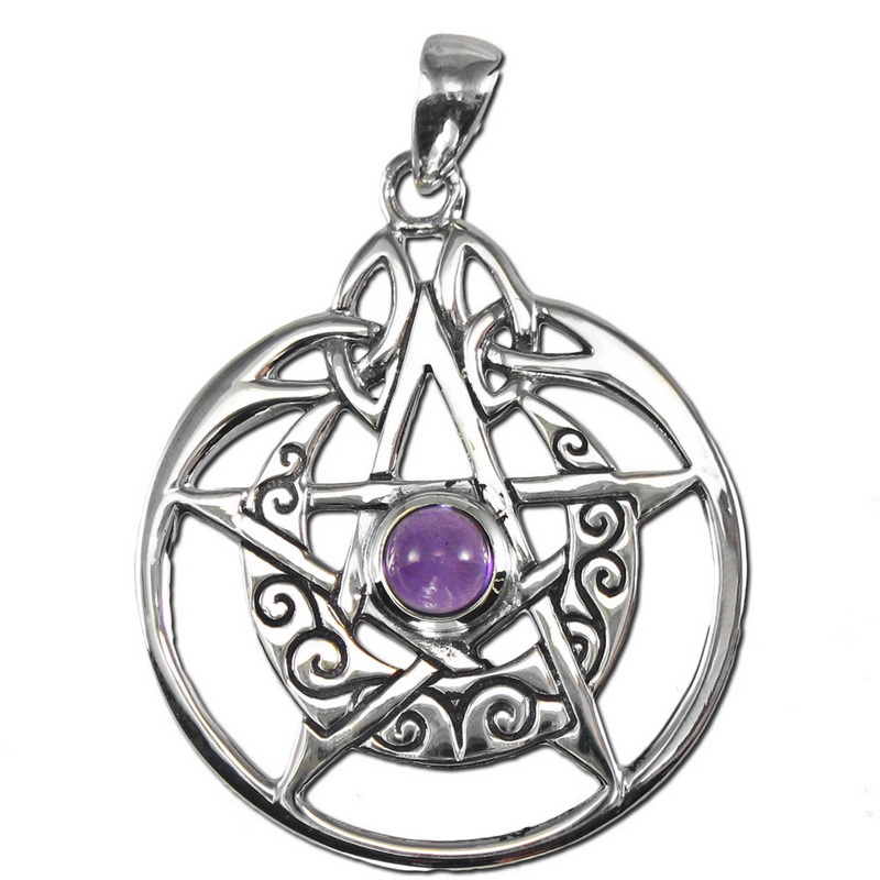 Sterling Silver Crescent Moon Pentacle Circle Pendant with Amethyst