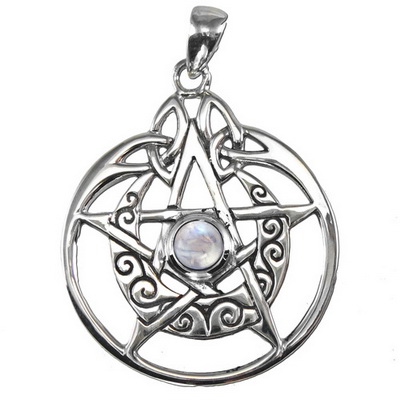 Sterling Silver Crescent Moon Pentacle Circle Pendant with Rainbow Moonstone