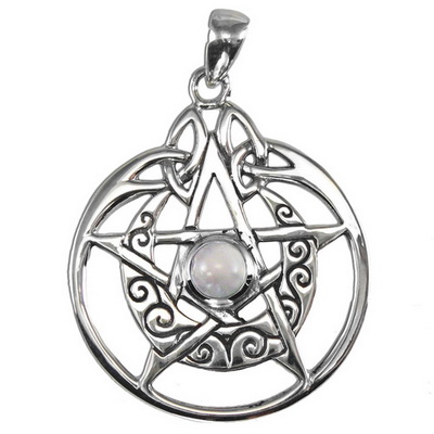 Sterling Silver Crescent Moon Pentacle Circle with White Moonstone