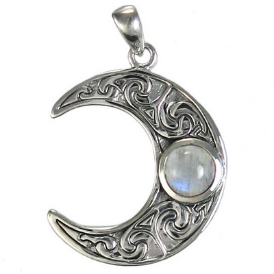 Sterling Silver Horned Moon Crescent Pendant with Rainbow Moonstone