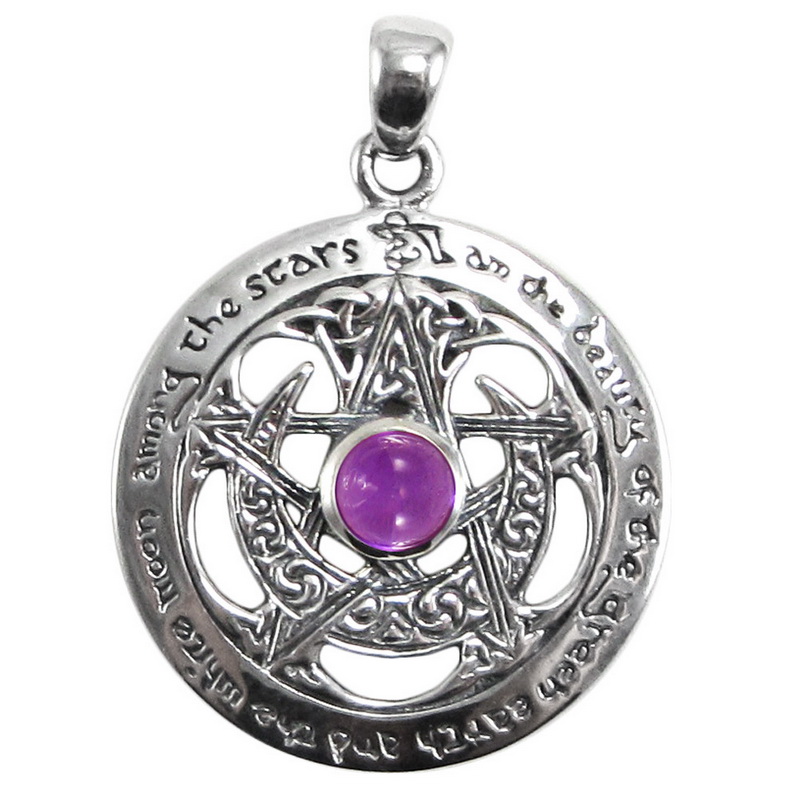 Sterling Silver Large Cut Out Moon Pentacle Pendant with Amethyst