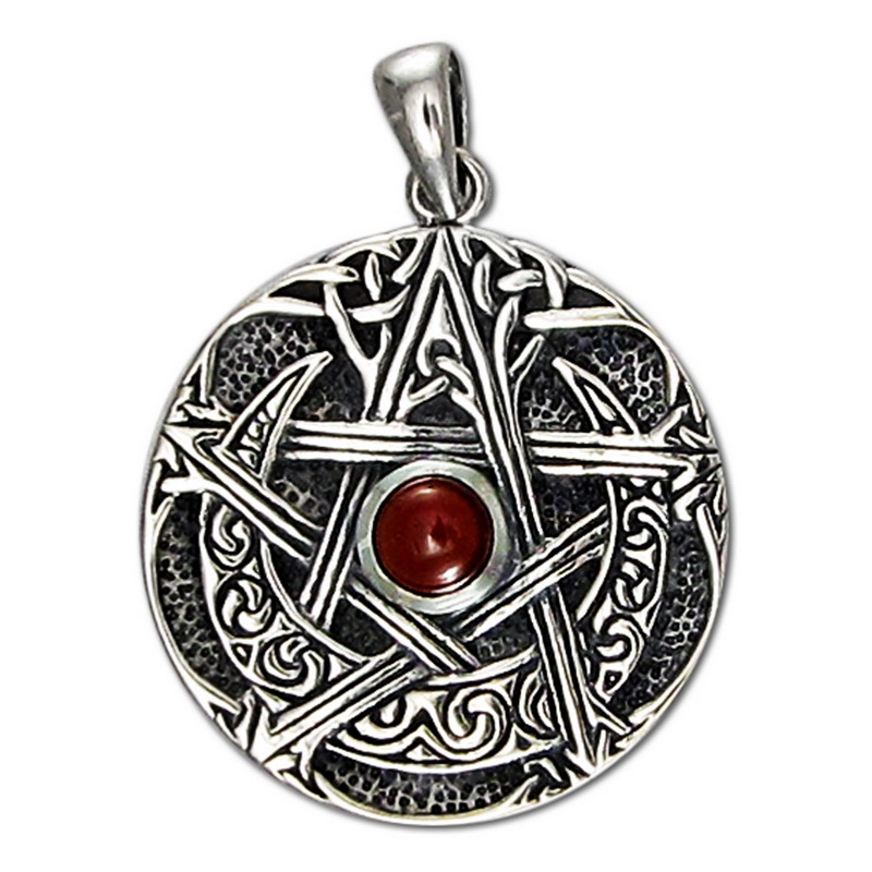 Sterling Silver Large Moon Pentacle Pendant with Garnet