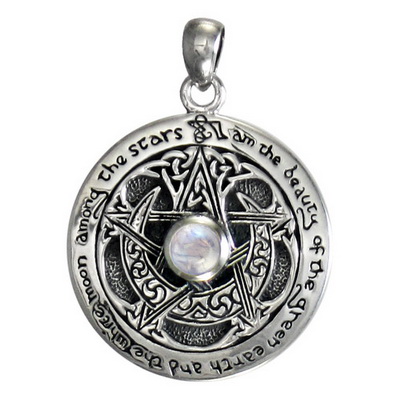 Sterling Silver Moon Pentacle Pendant Rainbow Moonstone