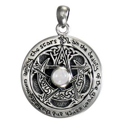 Sterling Silver Moon Pentacle Pendant with White Moonstone