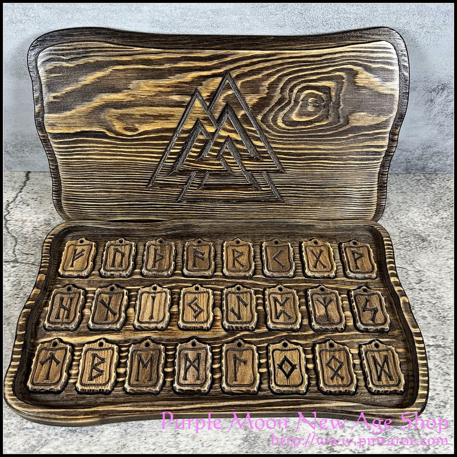 Elder Futhark Runes Set - Oak in Valknut Pine Box