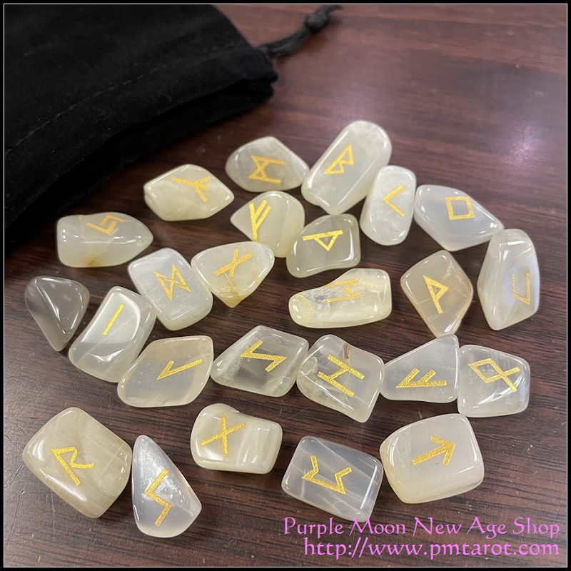 Elder Futhark Runes - White Rainbow Moonstone